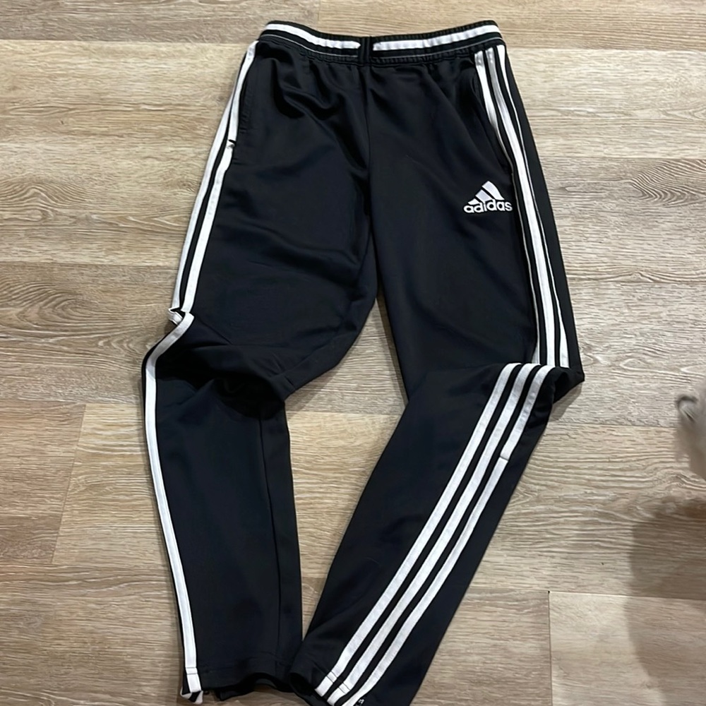 Adidas black joggers with white stripes